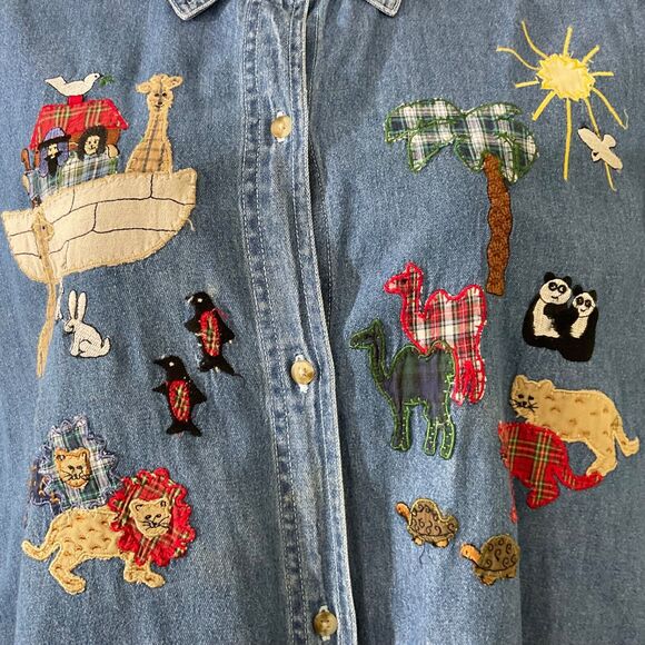 Quizz Woman Denim Shirt women’s size 22 Short Sleeve Embroidered Noah's Ark - Picture 2 of 9